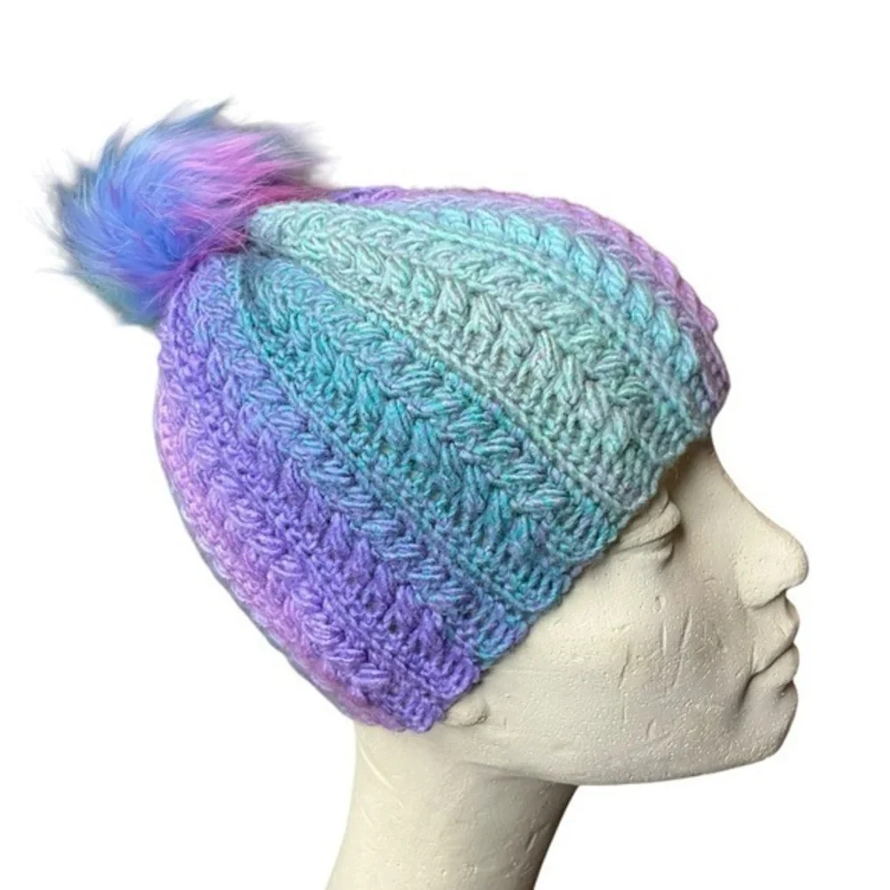 Handcrafted Crochet Winter Hat Blue Purple Snowy Wheat Knit Beanie with Pom Pom